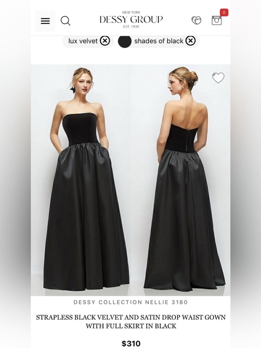 Dessy Collection Strapless Black Velvet & Satin Gown